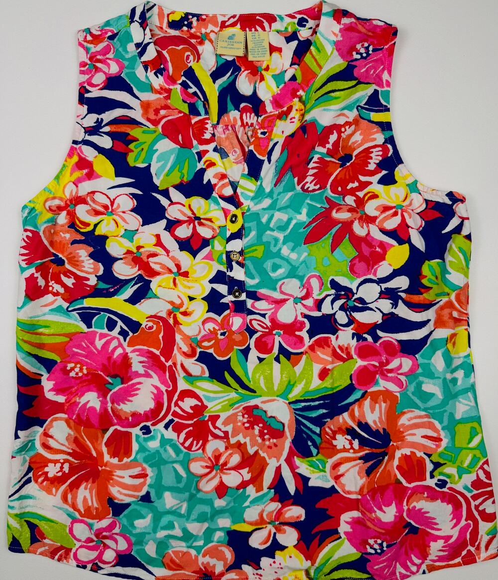 Caribbean Joe Tropical Floral Sleeveless Blouse Womens Large Multicolor